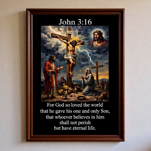 John 3:16 Kruisiging Calvarieberg Bliksemschicht Poster