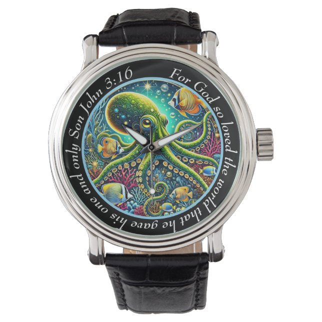 John 3:16 Levendige Octopus Horloge Zee Geloof (Voorkant)