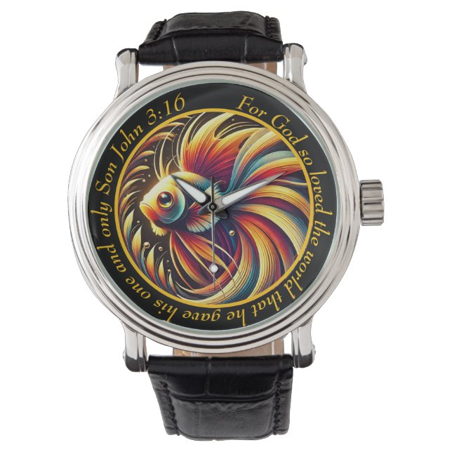 John 3:16 Levendige Vis Tijdstuk Stromend Geloof Horloge (Voorkant)