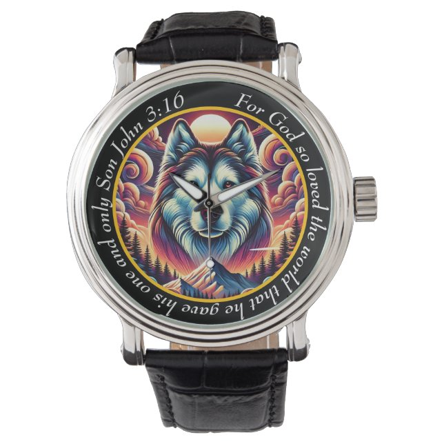 John 3:16 Lone Wolf Tijdstuk Berg Geloof Horloge (Voorkant)