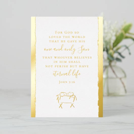 John 3:16 Personalized Christmas Nativity Gold Folie Feestdagenkaart (Staand Voorkant)