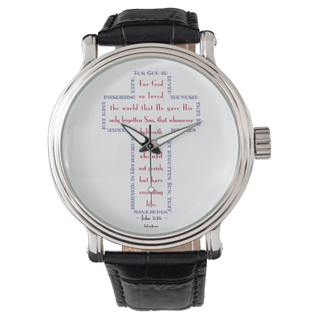 John 3:16 Rood, wit en blauw kruis Horloge (Voorkant)