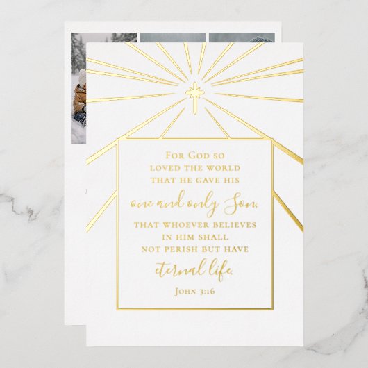 John 3:16 Scripture Christmas Photo Gold   Folie Feestdagenkaart (Voorkant / Achterkant)
