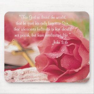 John 3:16 Versie - Gold Cross & Roze Rose Muismat