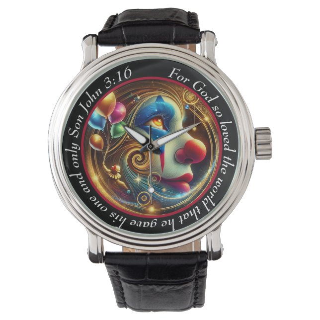John 3:16 Vibrant Clown Timepiece Joyful Faith Horloge (Voorkant)