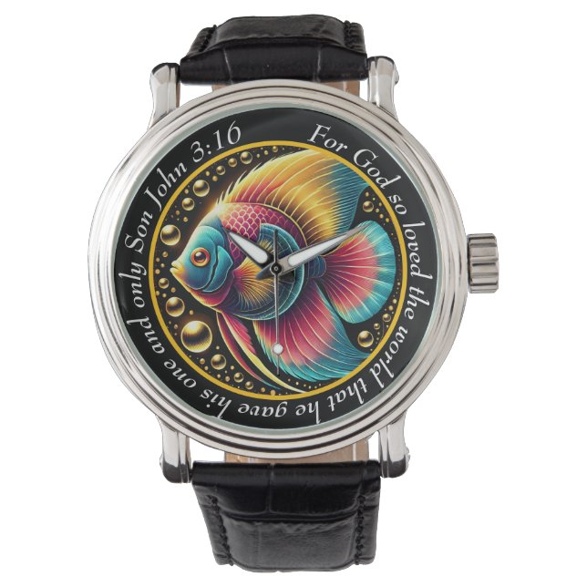 John 3:16 Vibrant Fish Timepiece Ocean Faith Horloge (Voorkant)