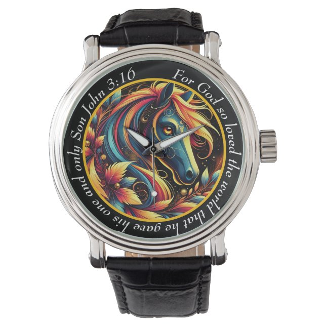John 3:16 Vibrant Horse Timepiece Nature Faith Horloge (Voorkant)