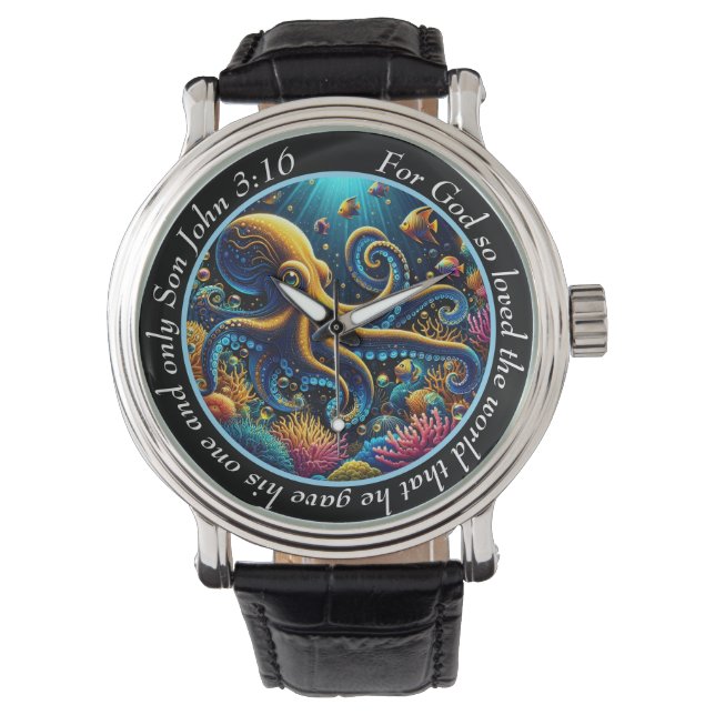 John 3:16 Vibrant Octopus Timepiece Ocean Faith Horloge (Voorkant)