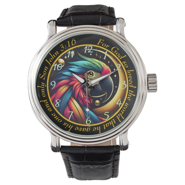 John 3:16 Vibrant Parrot Timepiece Celestial Faith Horloge (Voorkant)