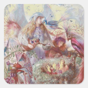 John Anster Fitzgerald - Feeën en een vogelnest Vierkante Sticker