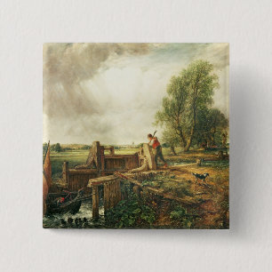 John Constable Een boot die een slot passeert Vierkante Button 5,1 Cm