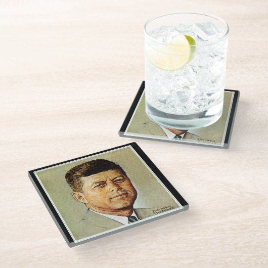 John F. Kennedy in MEMORIAM 2 Glazen Onderzetter (Schuin)