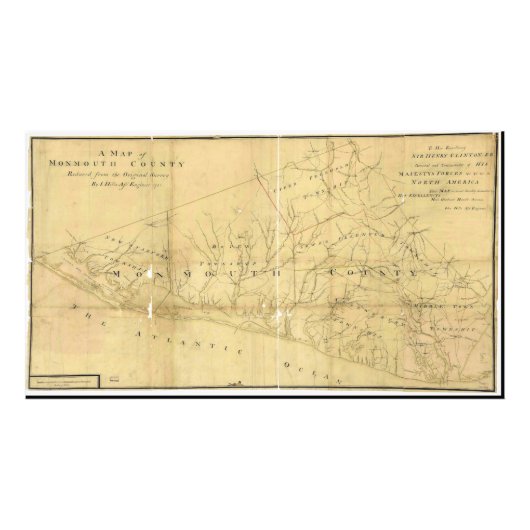 John Hills Map of Monmouth County New Jersey 1781 Foto Afdruk (Voorkant)