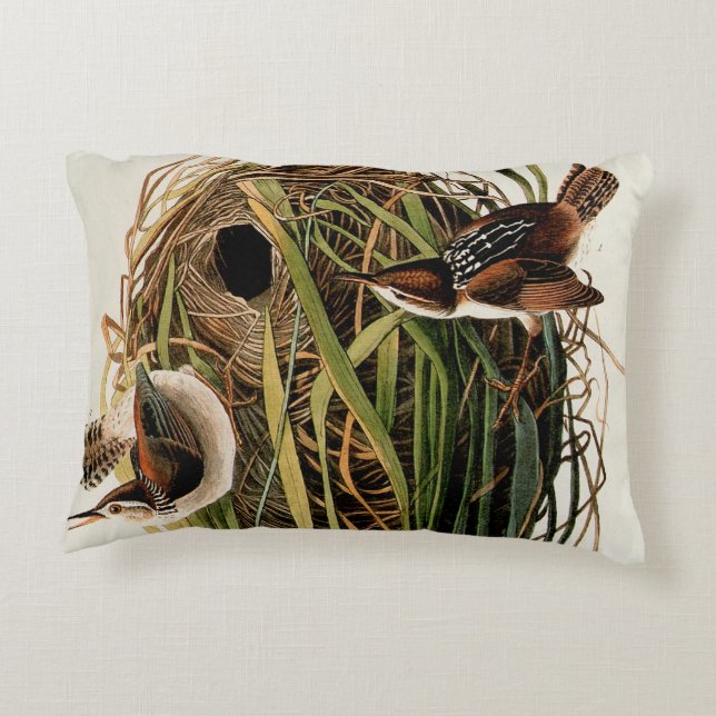 John James Audubon Marsh Wren Vogelprint Accent Kussen (Achterkant)