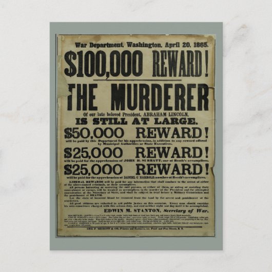 John Wilkes Booth Lincoln moordaanslag poster Briefkaart (Voorkant)