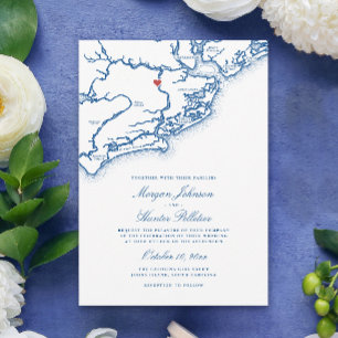Johns Island SC Kaart Elegante Navy Blauwe Trouwfe