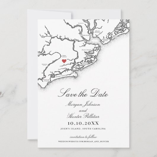 Johns Island SC Map Elegant Black White Wedding Save The Date (Voorkant)
