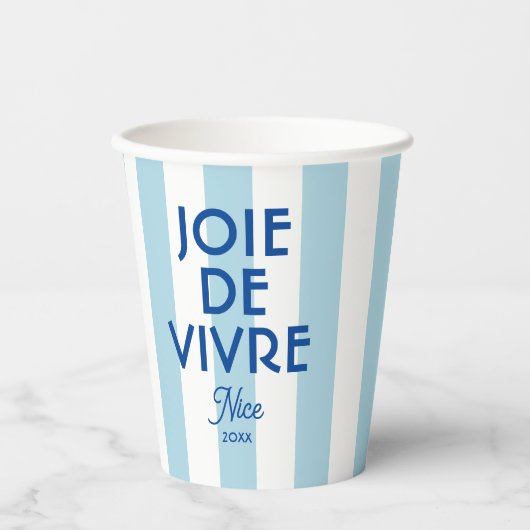 Joie De Vivre Nice Blue Cabana Stripe Frans Papieren Bekers (Voorkant)