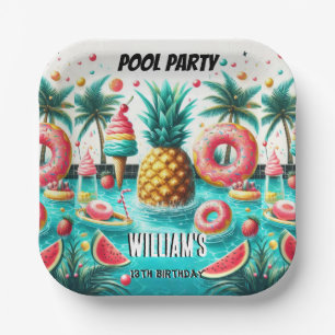 Join boy water blauw Cool Pool Party 13e verjaarda Papieren Bordje