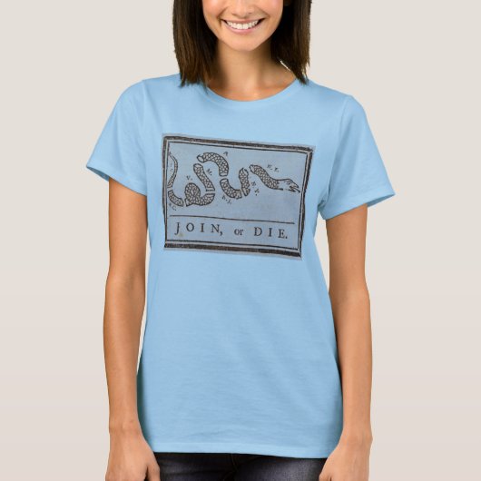 Join of Die ORIGINAL Benjamin Franklin Cartoon T-shirt (Voorkant)