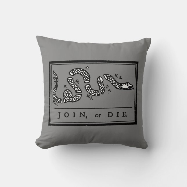 Join or Die Cartoon, 1754 Kussen (Voorkant)