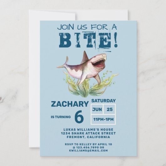 Join Us For a Bite Funny Shark Boys Birthday Party Kaart (Voorkant)