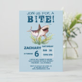 Join Us For a Bite Funny Shark Boys Birthday Party Kaart (Staand voorkant)