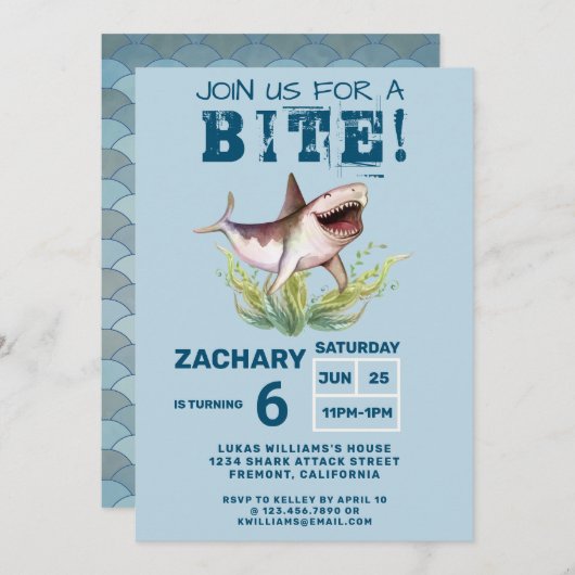 Join Us For a Bite Funny Shark Boys Birthday Party Kaart (Voorkant / Achterkant)