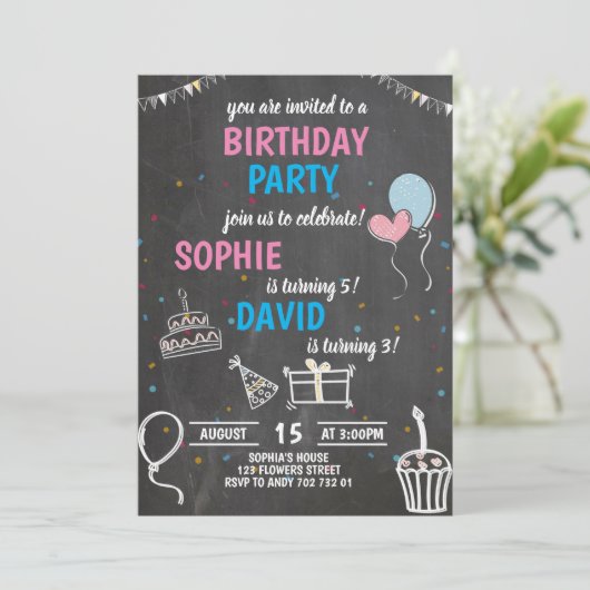 Joint Birthday Party Boy & Girl Chalkboard Cute Kaart (Staand voorkant)