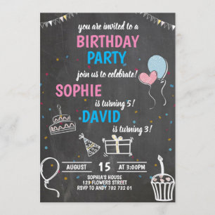 Joint Birthday Party Boy & Girl Chalkboard Cute Kaart