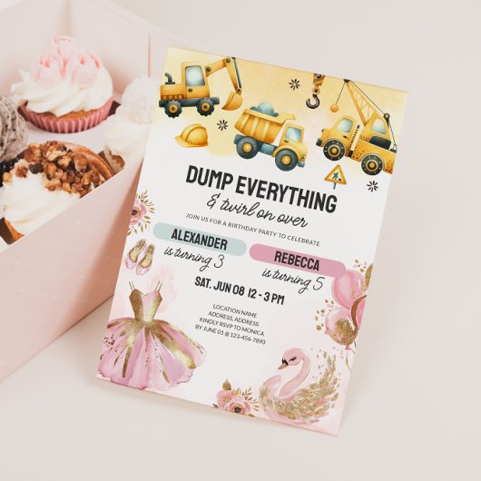 Joint Construction & Ballerina Sibling Birthday Kaart