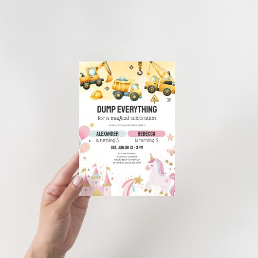 Joint Construction & Unicorn Sibling Birthday Kaart