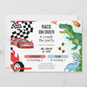 Joint Dinosaur & Race Cars Sibling Birthday Kaart (Voorkant)