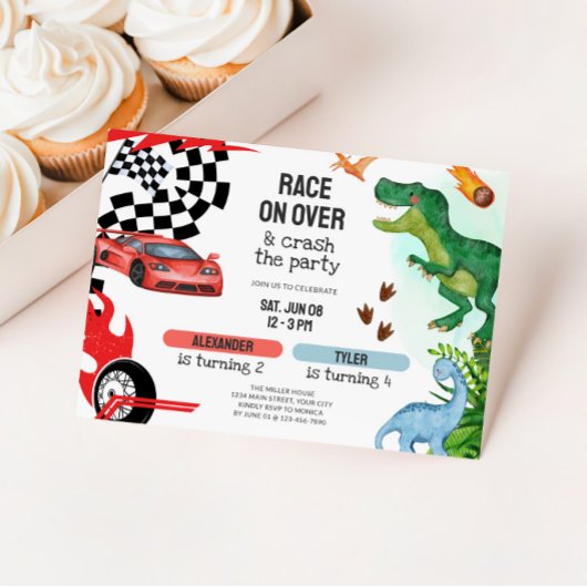 Joint Dinosaur & Race Cars Sibling Birthday Kaart
