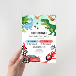 Joint Dinosaur & Race Cars Sibling Birthday Kaart