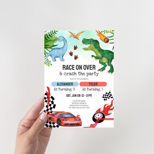Joint Dinosaur & Race Cars Sibling Birthday Kaart