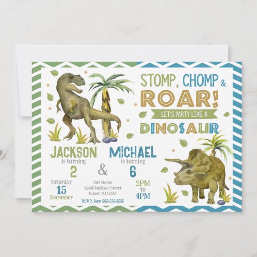 Joint Dinosaurs Siblings Birthday Invitation Kaart (Voorkant)