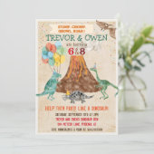 Joint Dual Dinosaurus Vulkaan Verjaardagsuitnodigi Kaart (Staand voorkant)