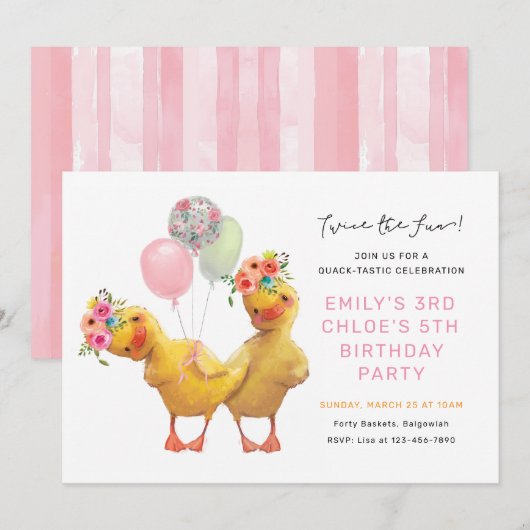 Joint Ducklings Birthday Invite, Siblings Friends  Kaart (Voorkant / Achterkant)