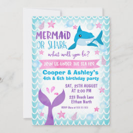 Joint Mermaid and Shark Birthday Invitation Kaart