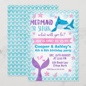 Joint Mermaid and Shark Birthday Invitation Kaart (Voorkant / Achterkant)