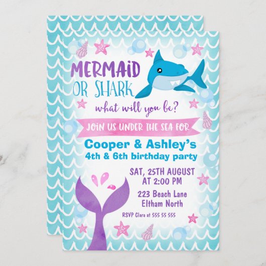 Joint Mermaid and Shark Birthday Invitation Kaart (Voorkant / Achterkant)