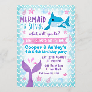 Joint Mermaid and Shark Birthday Invitation Kaart