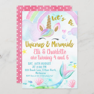 Joint Mermaid and Unicorn Birthday Invitation Kaart