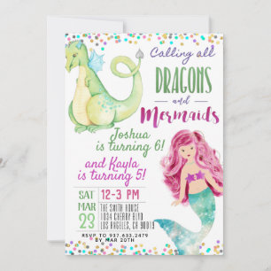 Joint Mermaid Dinosaur Birthday Invitation Kaart