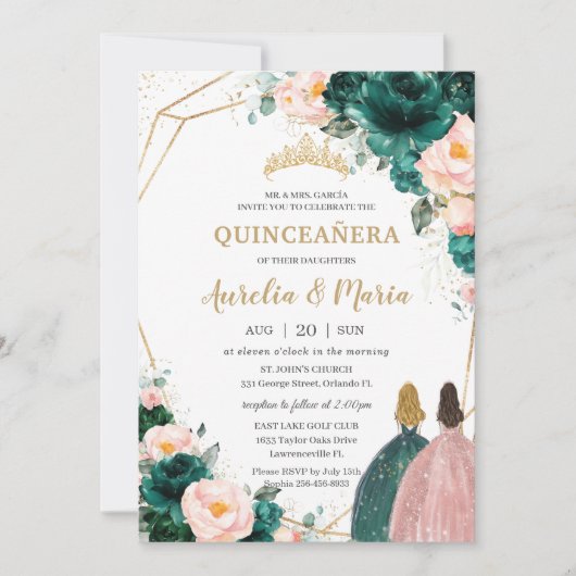 Joint Quinceañera Emerald Green Blush Floral Kaart (Voorkant)
