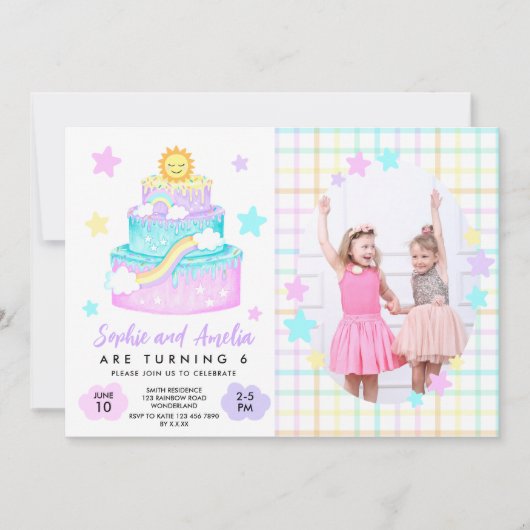 Joint Sisters Rainbow Birthday Party Foto Kaart (Voorkant)