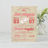 Joint Twin Baseball Birthday Invitation Girl Kaart (Staand voorkant)