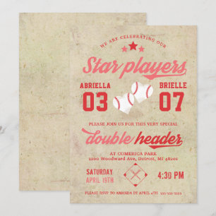 Joint Twin Baseball Birthday Invitation Girl Kaart