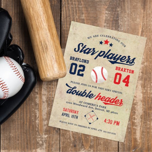 Joint Twin Baseball Birthday Invitation Kaart